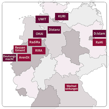 Deutschlandkarte mit Titel und Hauptstandorten der geförderten Projekte