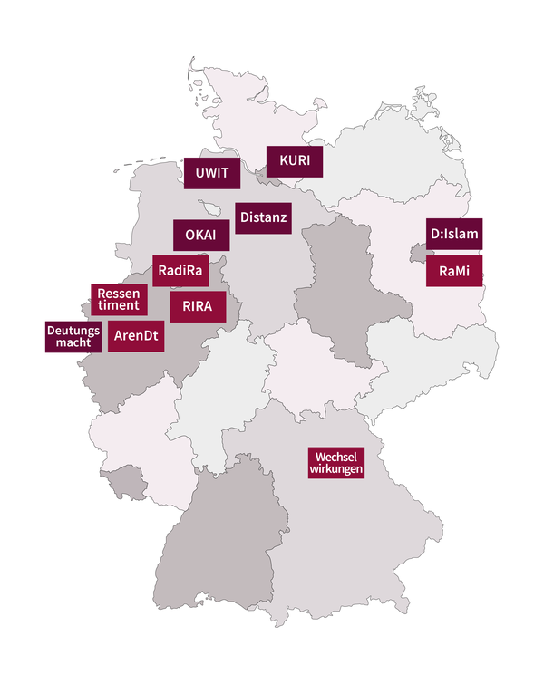 Deutschlandkarte mit Titel und Hauptstandorten der geförderten Projekte